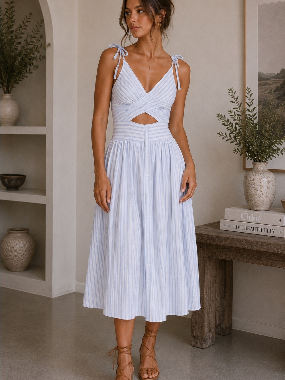 Astr Light Blue and White Striped Midi Dress